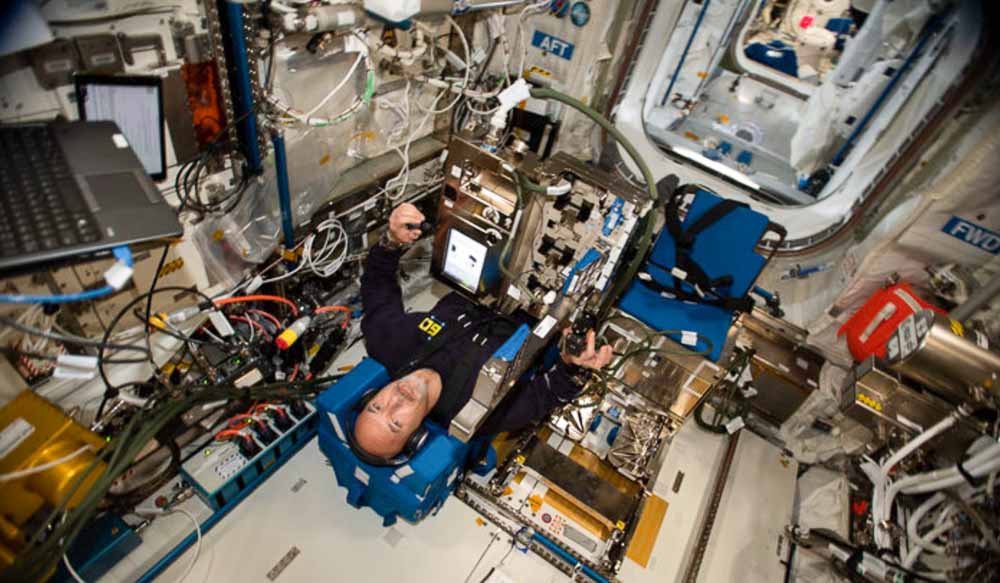 ESA astronaut Luca Parmitano performs a European experiment called GRIP that studies astronauts' perception of of mass and movement and how they interface with the human body and change in microgravity.