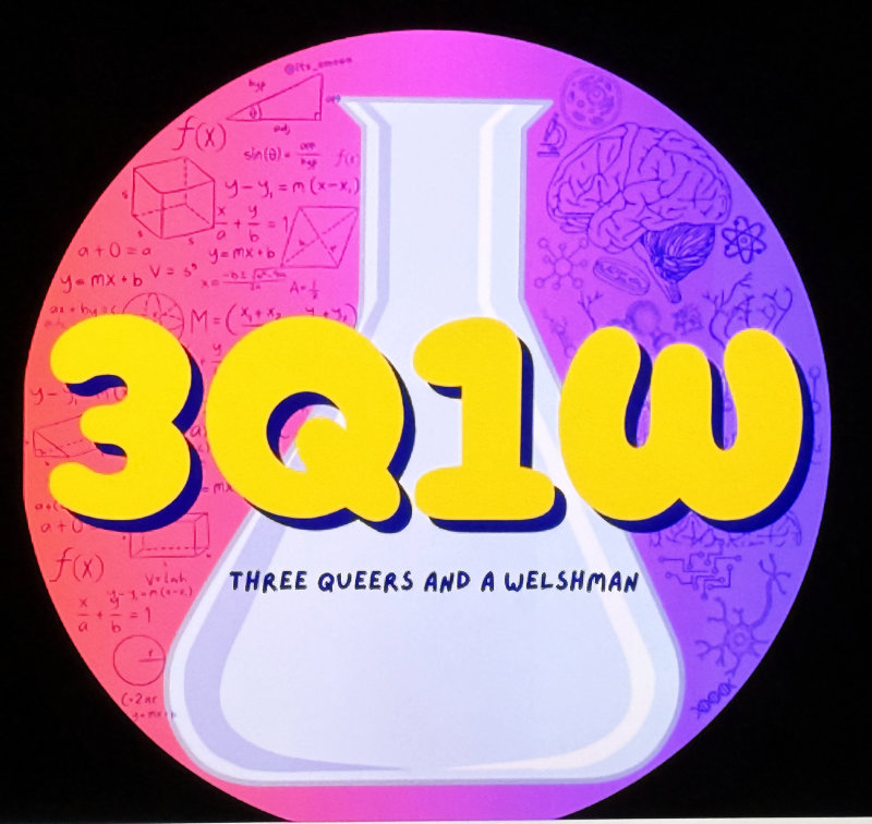 Logo der Künstlergruppe "Three Queers and a Welshman" mit einem Erlenmeyerkolben und mathematischen Zeichnungen im Hintergrund.