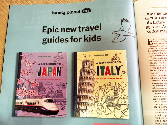 Anzeige für Reiseführer für Kinder von Lonely Planet, mit Titeln 'A Kid's Guide to Japan' und 'A Kid's Guide to Italy'.
