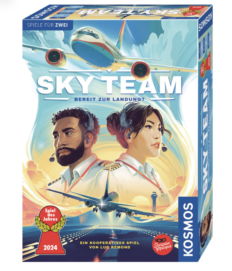 Das Cover des Brettspiels 'Skyteam' zeigt einen männlichen und einen weiblichen Piloten in einer Cockpit-Umgebung, mit einem Flugzeug im Hintergrund. Das Design ist farbenfroh und ansprechend, mit dem Slogan 'Bereit zur Landung?' und dem Hinweis auf die Auszeichnung als 'Spiel des Jahres 2024'.