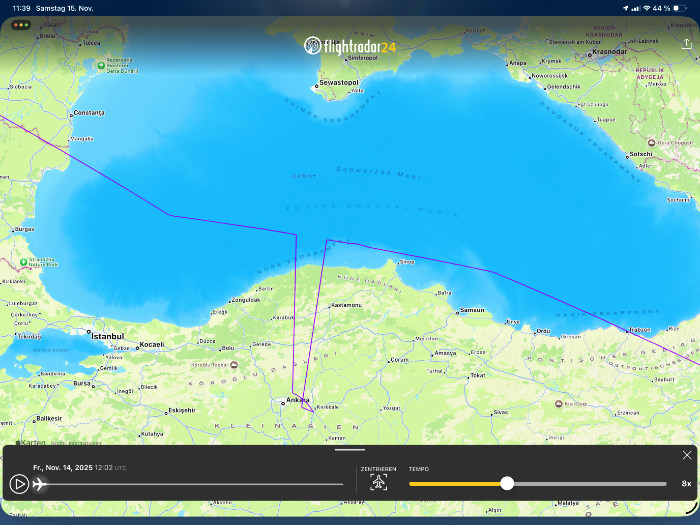 Flight path tracking over the Black Sea region on a navigation map, showing routes with markers and timestamps.