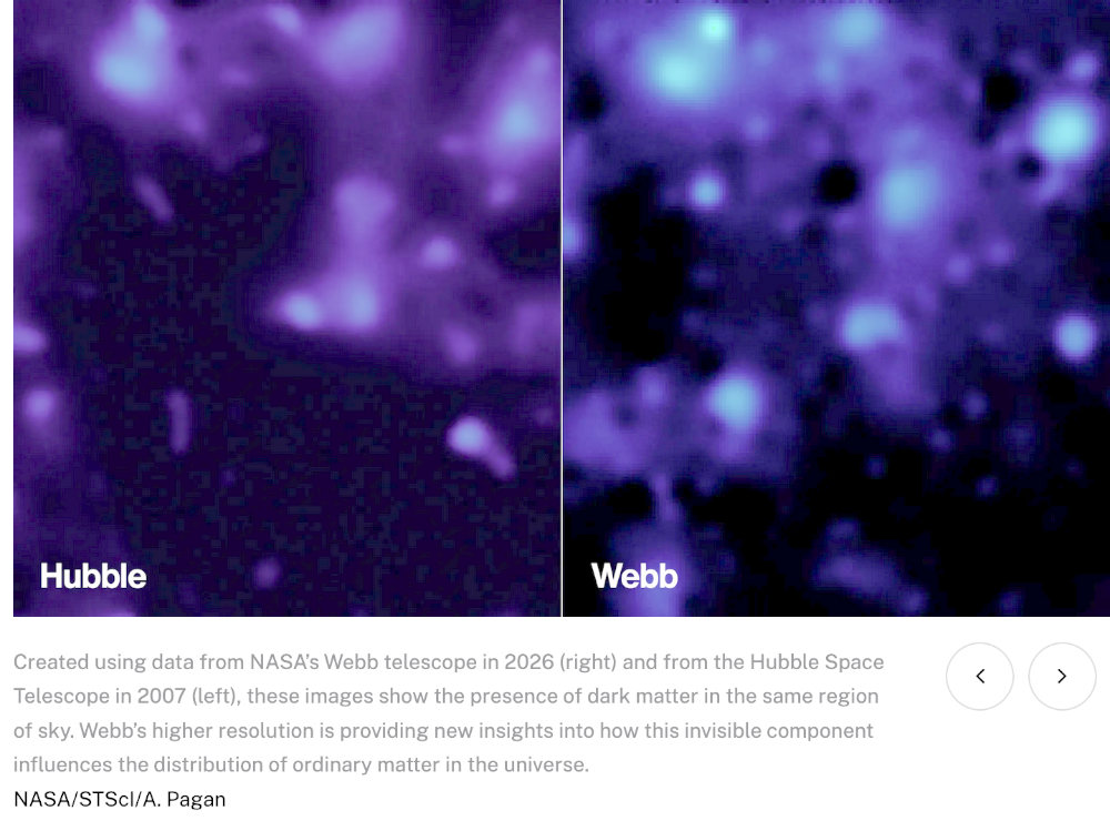 Vergleich der dunklen Materie Bilder aus dem Hubble-Teleskop von 2007 (links) und dem Webb-Teleskop von 2026 (rechts).