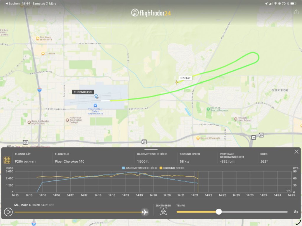 Flugverfolgungsbildschirm mit einem Piper Cherokee 140, der über das Phoenix Deer Valley Airport fliegt, angezeigt auf einer Karte mit Flugdaten wie Höhe und Geschwindigkeit.